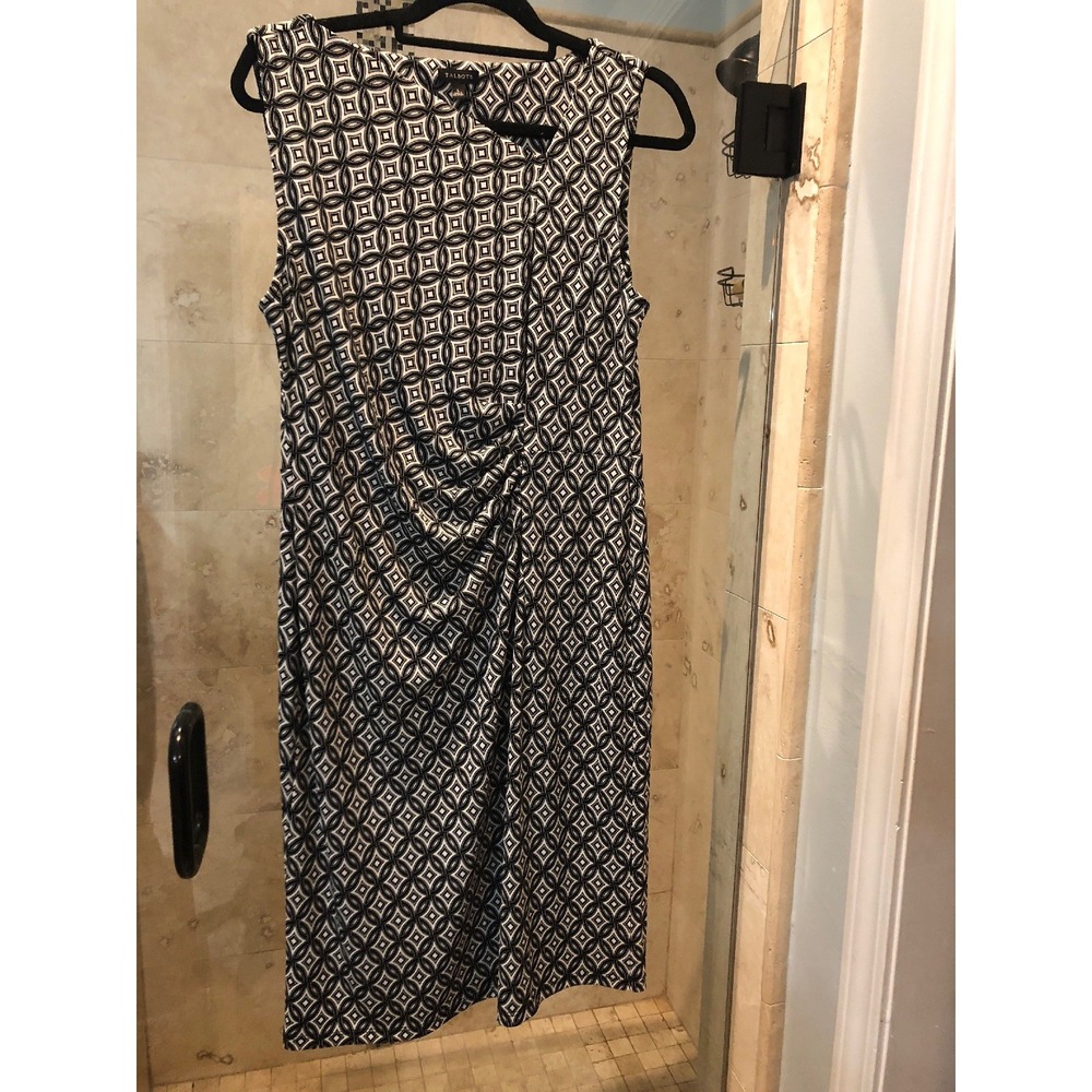 Talbots Womens Large Geo Print Asymmetrical Mock Wrap Dress Black White L